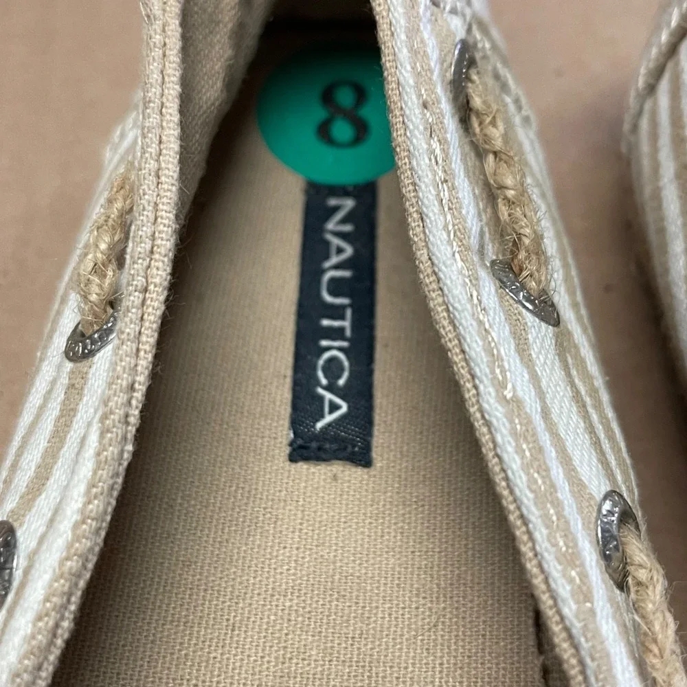 Nautica Women's Sz 8/38 Rudder Tan Striped‎ Canvas Espadrille Slip On Boat Shoes